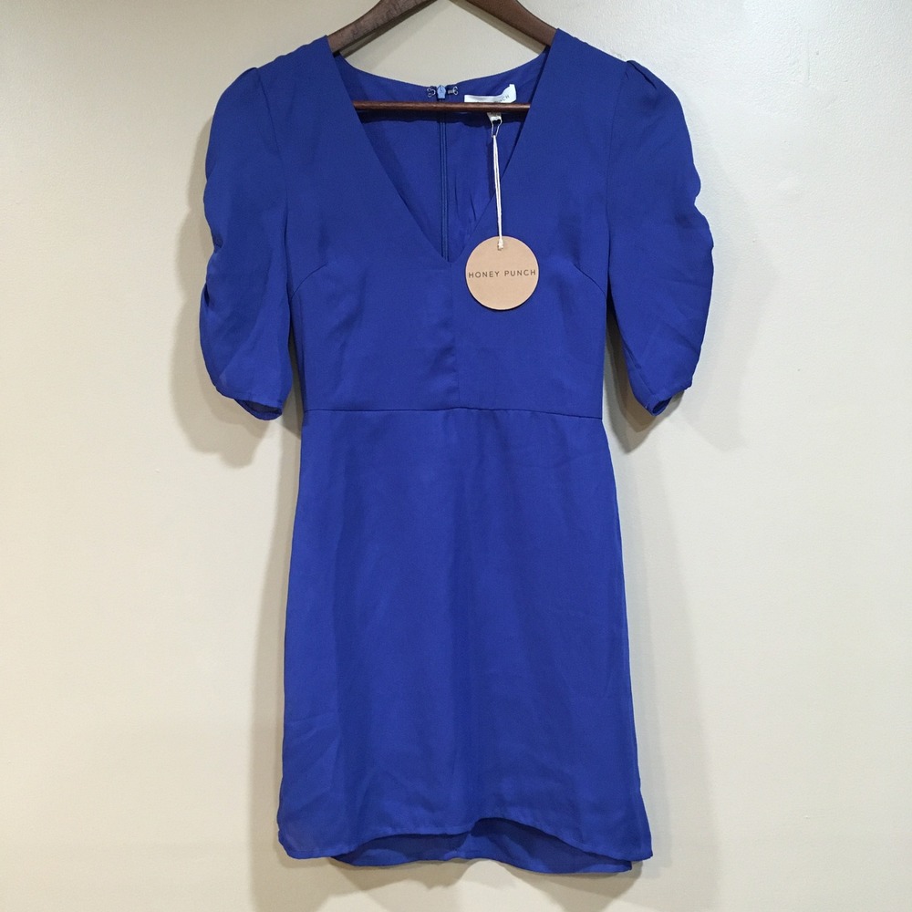 Honey Punch Puff Sleeve Mini Dress Womens XS Royal Blue Office Siren Cocktail